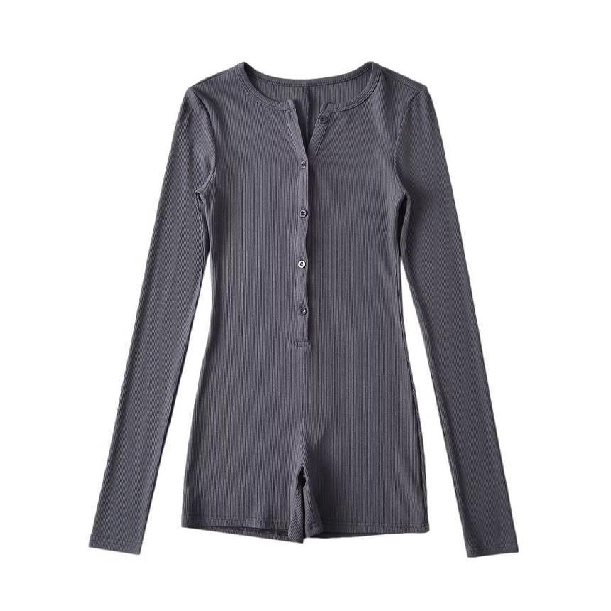 Long Sleeve Henley Neck Plain Romper Product Image