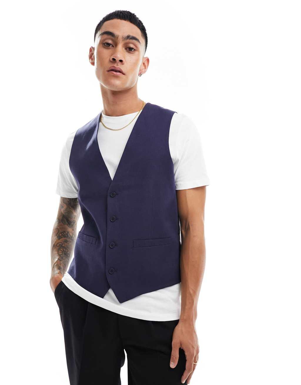 French Connection linen formal suit vest in blue Product Image