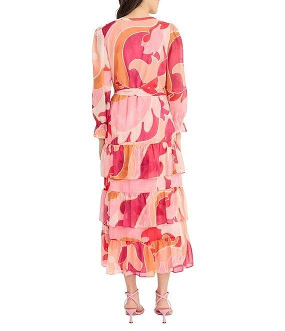 Donna Morgan Abstract Print V Neck Long Sleeve Button Front Waist Tie Button Front Shirt Midi Dress Product Image