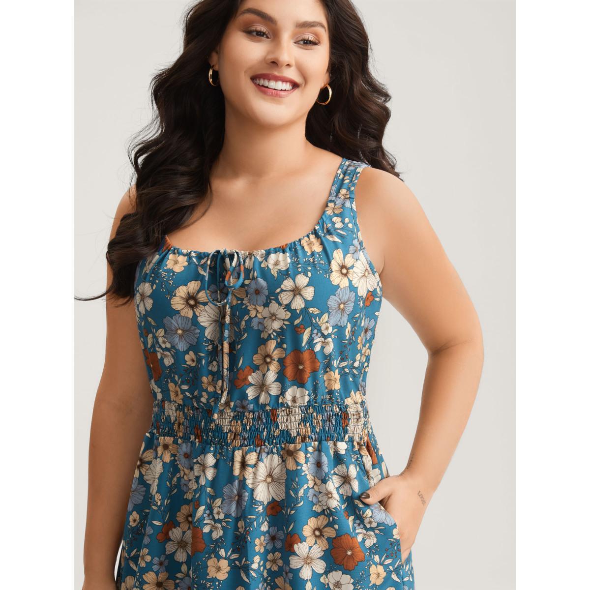 Plus Size Floral Print Shirred Waist Midi Dress Mediumblue Women Timeless Square Neck Sleeveless Curvy BloomChic 12/L Product Image