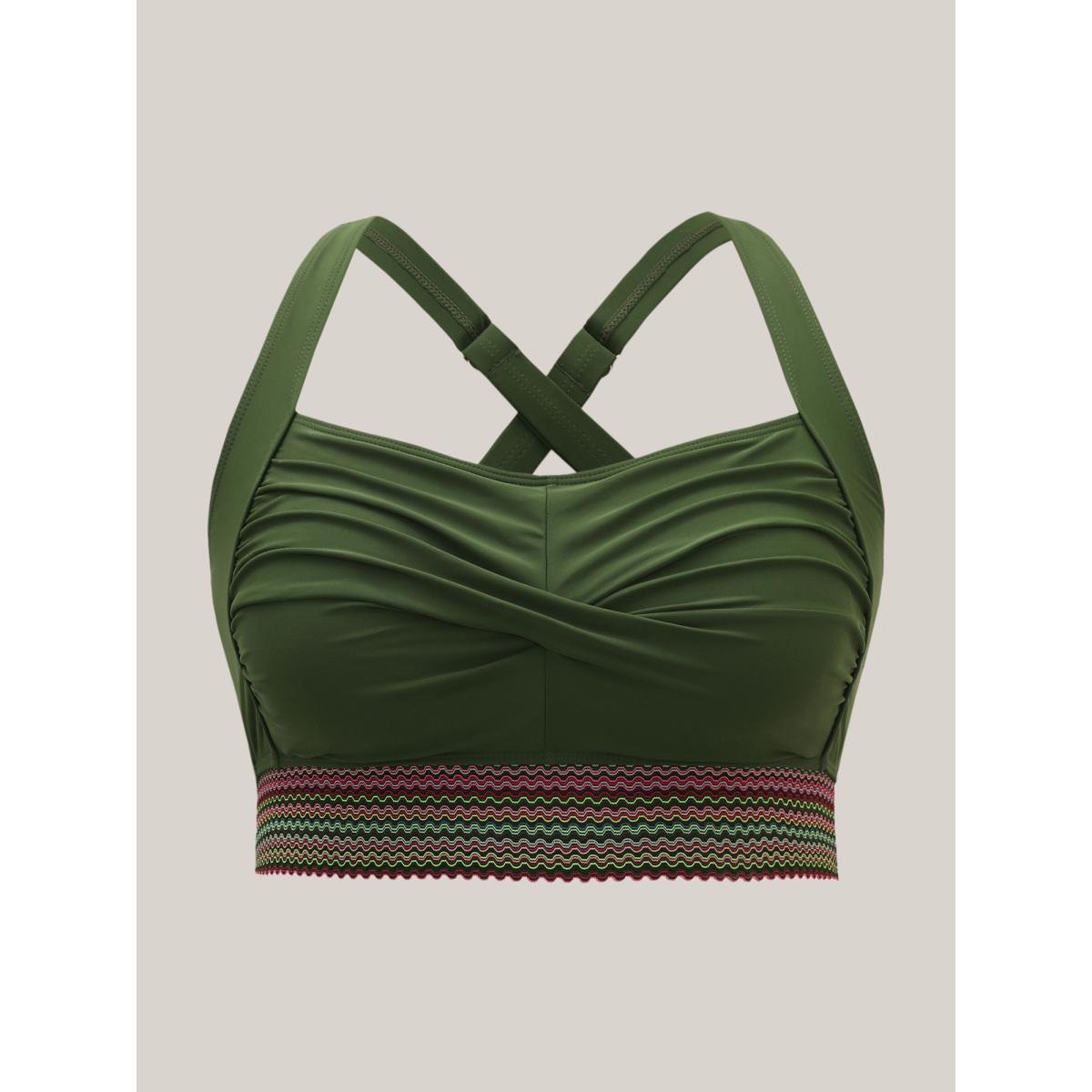 Plus Size Twist Front Patchwork Woven Ribbon Swim Top Women's Swimwear ArmyGreen Resort Woven ribbon&lace trim High stretch Skinny Heart neckline Curve Swim Tops BloomChic 30/6X Product Image