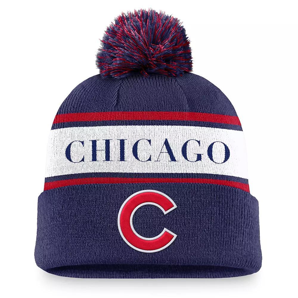 Men's Nike Royal Chicago Cubs Team Stripe Peak Cuffed Knit Hat with Pom, Blue Product Image