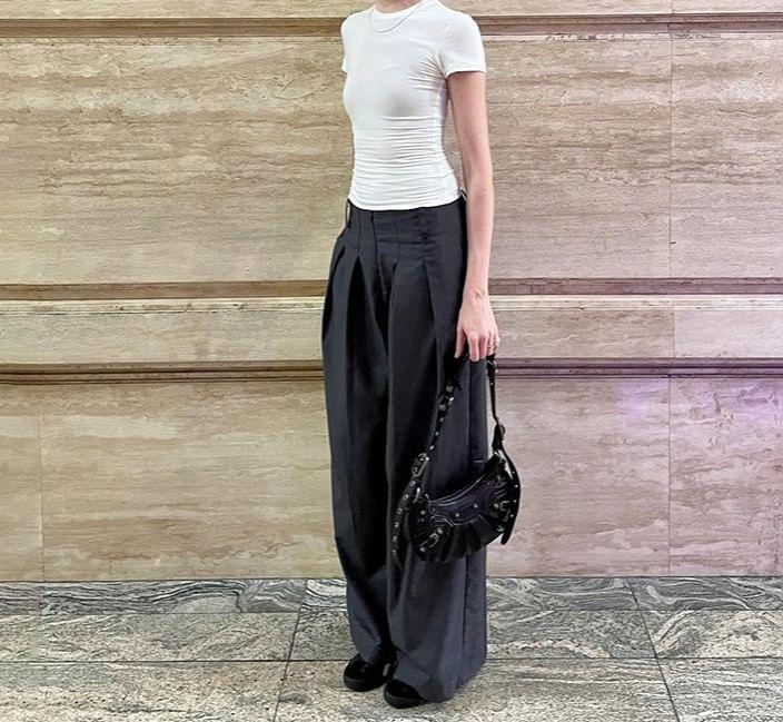 Low Waist Plain Loose-Fit Wide-Leg Dress Pants Product Image