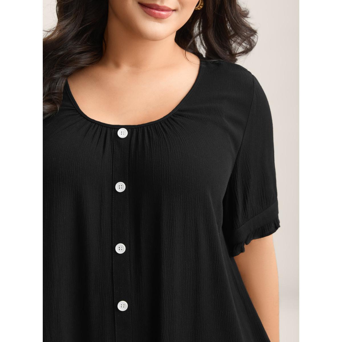 Plus Size Black Textured Button Detail Pleated Solid Top Women Short sleeve Round Neck Everyday-Elegant Blouses BloomChic 22-24/3X Product Image