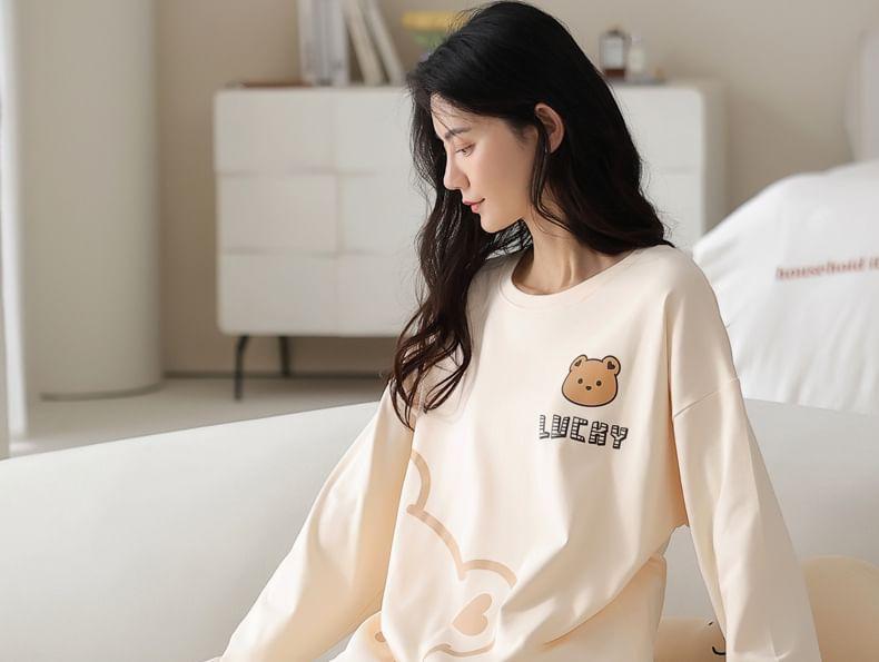 Loungewear Set : Long-Sleeve Bear Print Padded T-Shirt + Pants Product Image