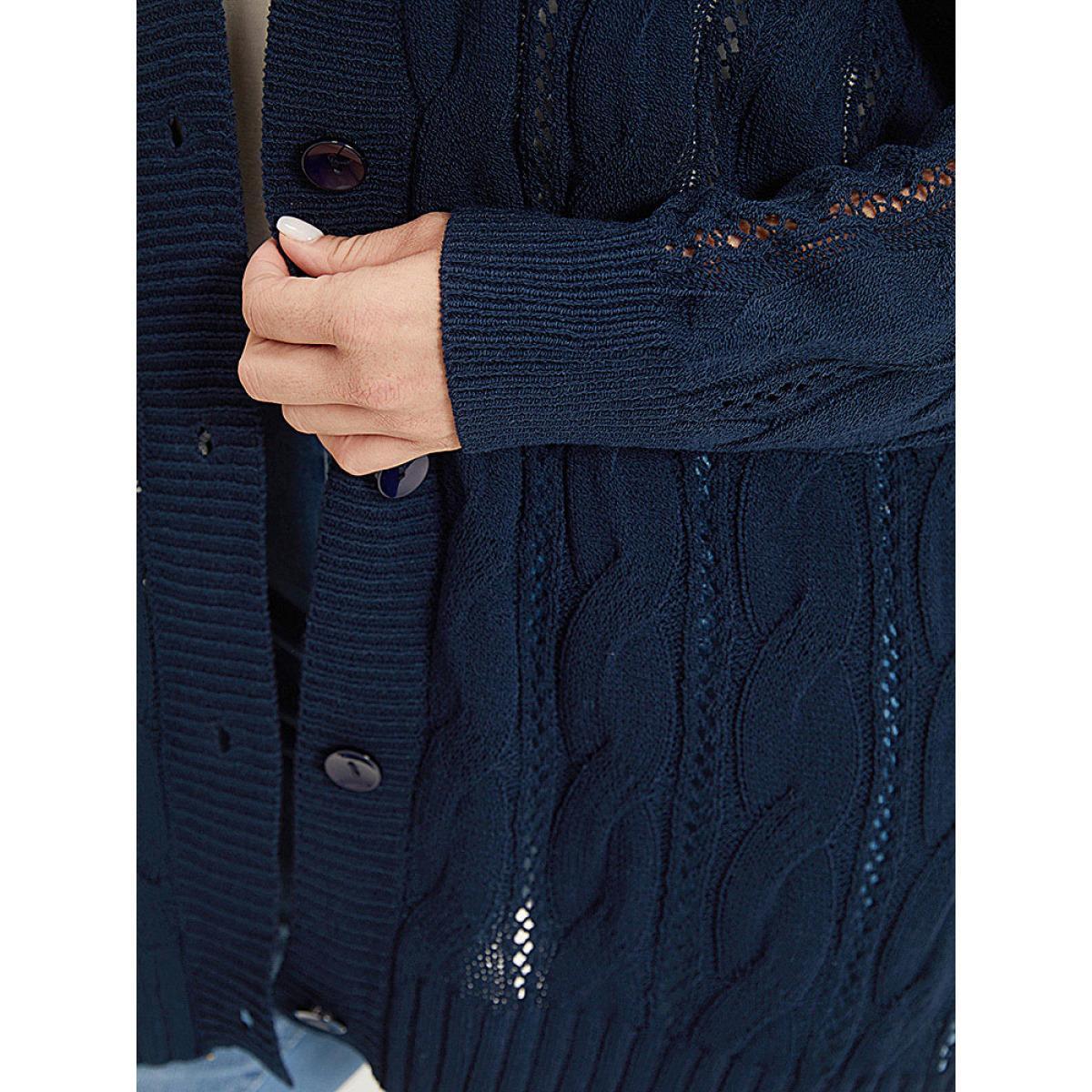 Plus Size Plain Button Up Cable Knit Split Side Cardigan Indigo Women Casual Loose Long Sleeve Everyday Cardigans BloomChic 14-16/1X Product Image