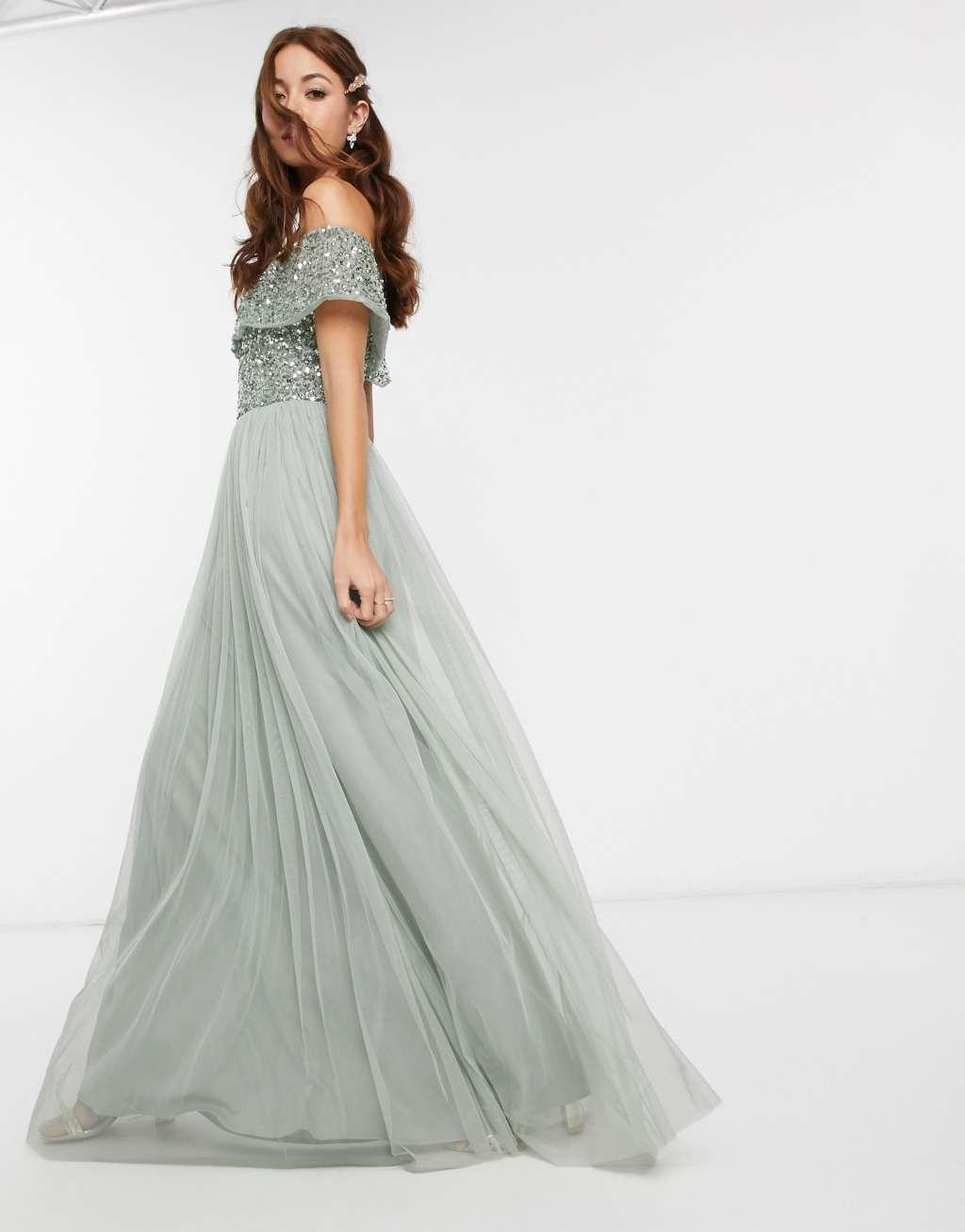 Maya Bridesmaid bardot maxi tulle dress with tonal delicate sequins in sage green Product Image