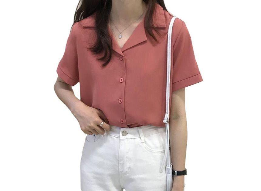 Short-Sleeve Plain Chiffon Blouse Product Image