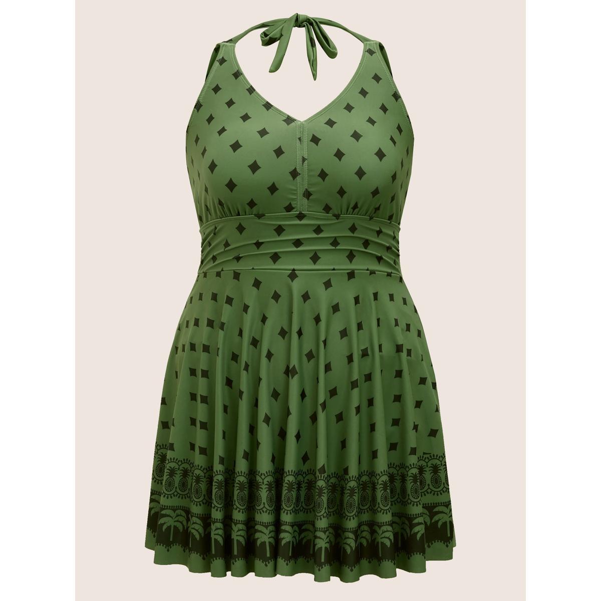 Plus Size V Neck Bandana Print Tie Knot Swim Dress Women's Swimwear Moss Beach Bodycon V-neck High stretch Curve Swim Dresses BloomChic 22-24/3X Product Image