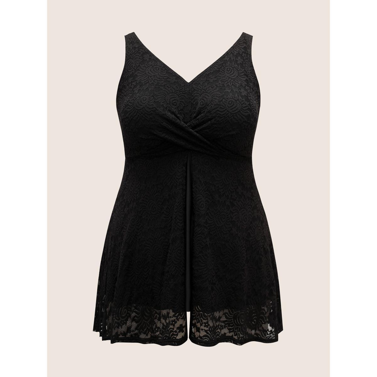 Plus Size V Neck Lace Insert Gathered Swim Top Women's Swimwear Black Beach Twist High stretch Bodycon V-neck Curve Swim Tops BloomChic 28/5X Product Image