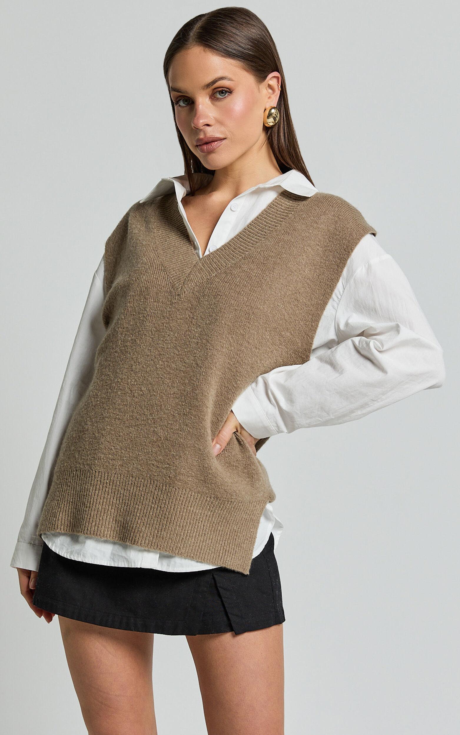 Chenelle Top - Sleeveless Knit Sweater Vest in Biscuit Product Image