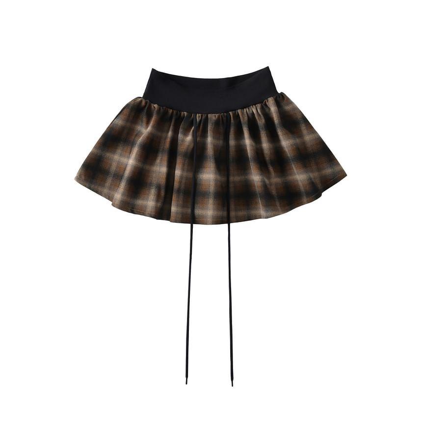 High Rise Color-Block Plaid Mini Skirt Product Image