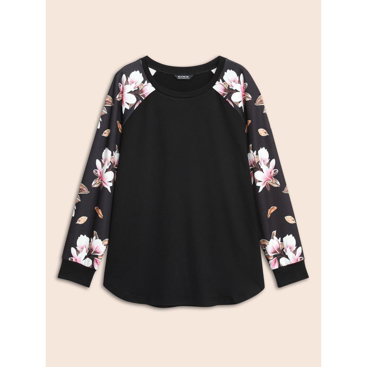 Plus Size Floral Patchwork Crew Neck Raglan Sleeve Sweatshirt Women Black Elegant Elastic cuffs Round Neck Dailywear Sweatshirts BloomChic 28/5X Product Image