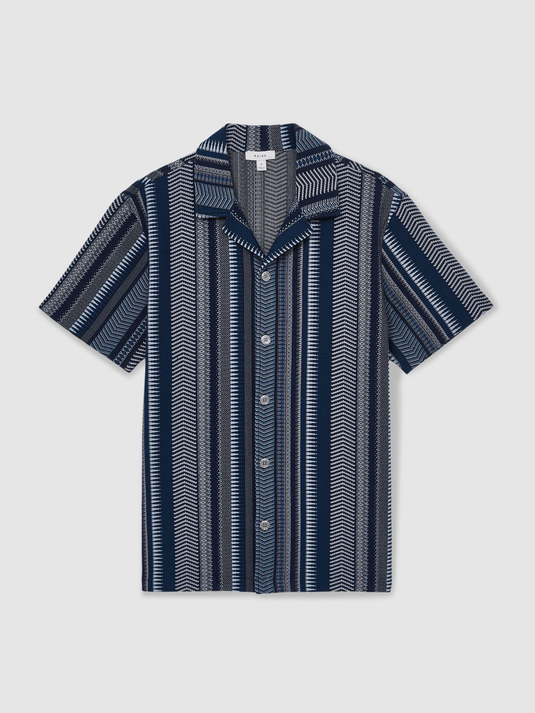 Aztec-Stripe Cuban-Collar Shirt in Navy Product Image