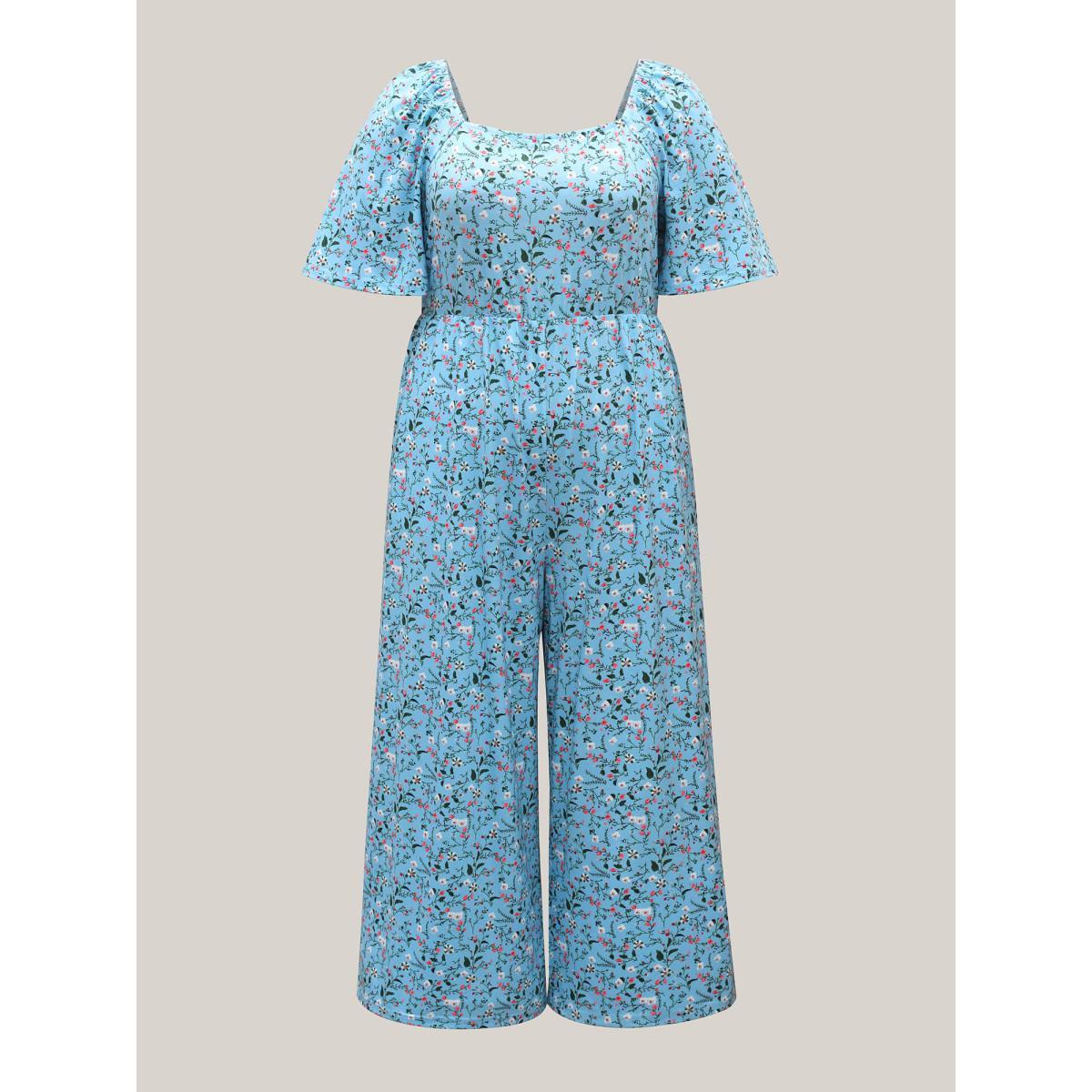 Plus Size Stone Floral Print Square Neck Knit Jumpsuit Women Elegant Short sleeve Square Neck Everyday-Elegant Loose Jumpsuits BloomChic 22-24/3X Product Image