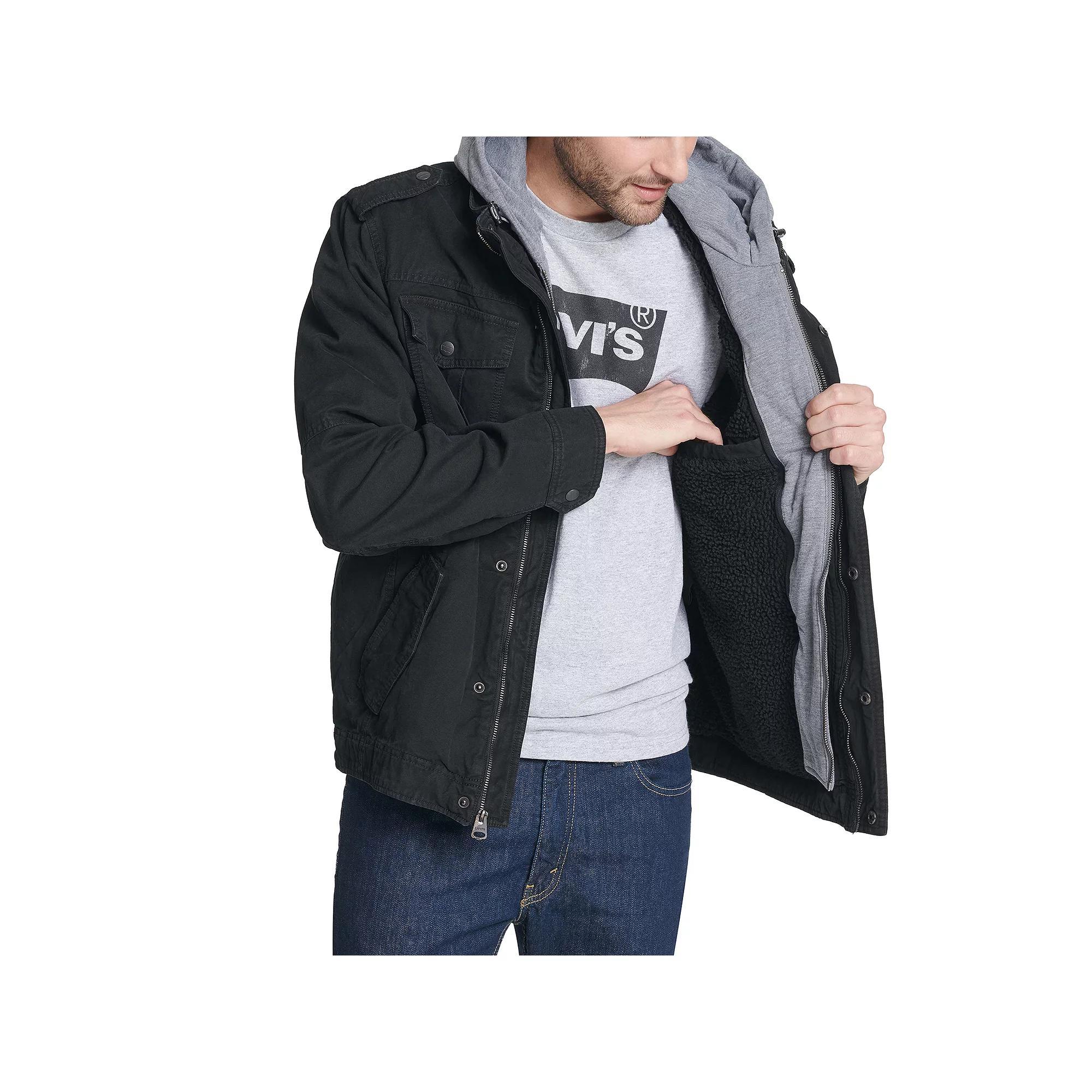 Men's Levi's® Washed Cotton Sherpa-Lined Hooded Trucker Jacket, Size: Large, Black Product Image