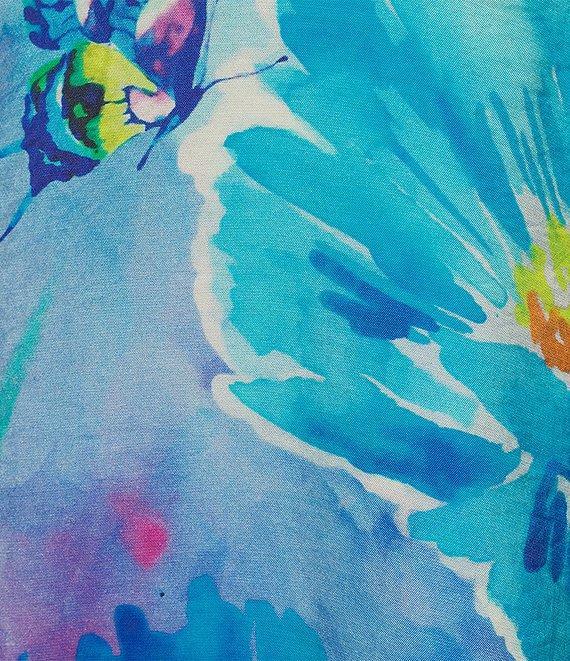 Ali Miles Plus Size Floral Butterfly Woven Printed Point Collar 3/4 Sleeve Button Front Tunic Product Image