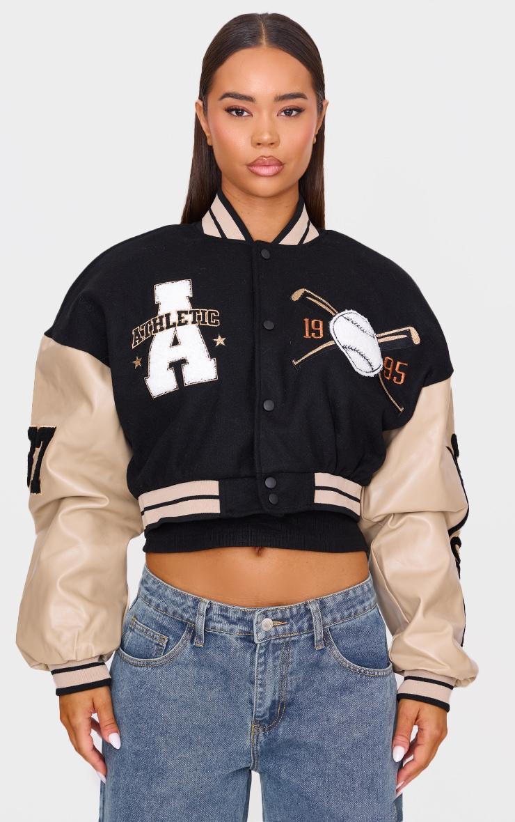 Oatmeal Wool Look Graphic Front Cropped Bomber Jacket Product Image