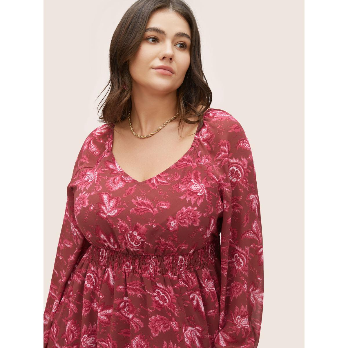Plus Size Square Neck Floral Shirred Gathered Mesh Dress Russet Women Elegant See through Square Neck Long Sleeve Curvy Midi Dress BloomChic 12/L Product Image