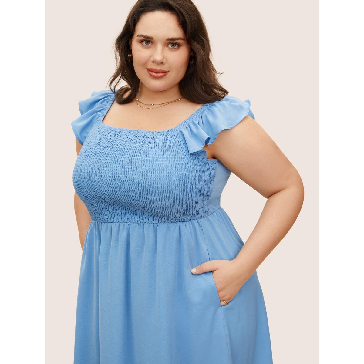 Plus Size Square Neck Solid Ruffles Shirred Dress LightBlue Women Elegant Shirred Square Neck Cap Sleeve Curvy BloomChic 18-20/2X Product Image