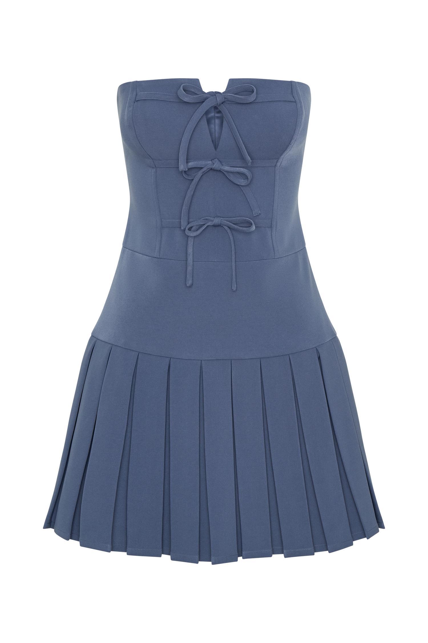 Naya Pleated Mini Dress With Ties - Steel Product Image