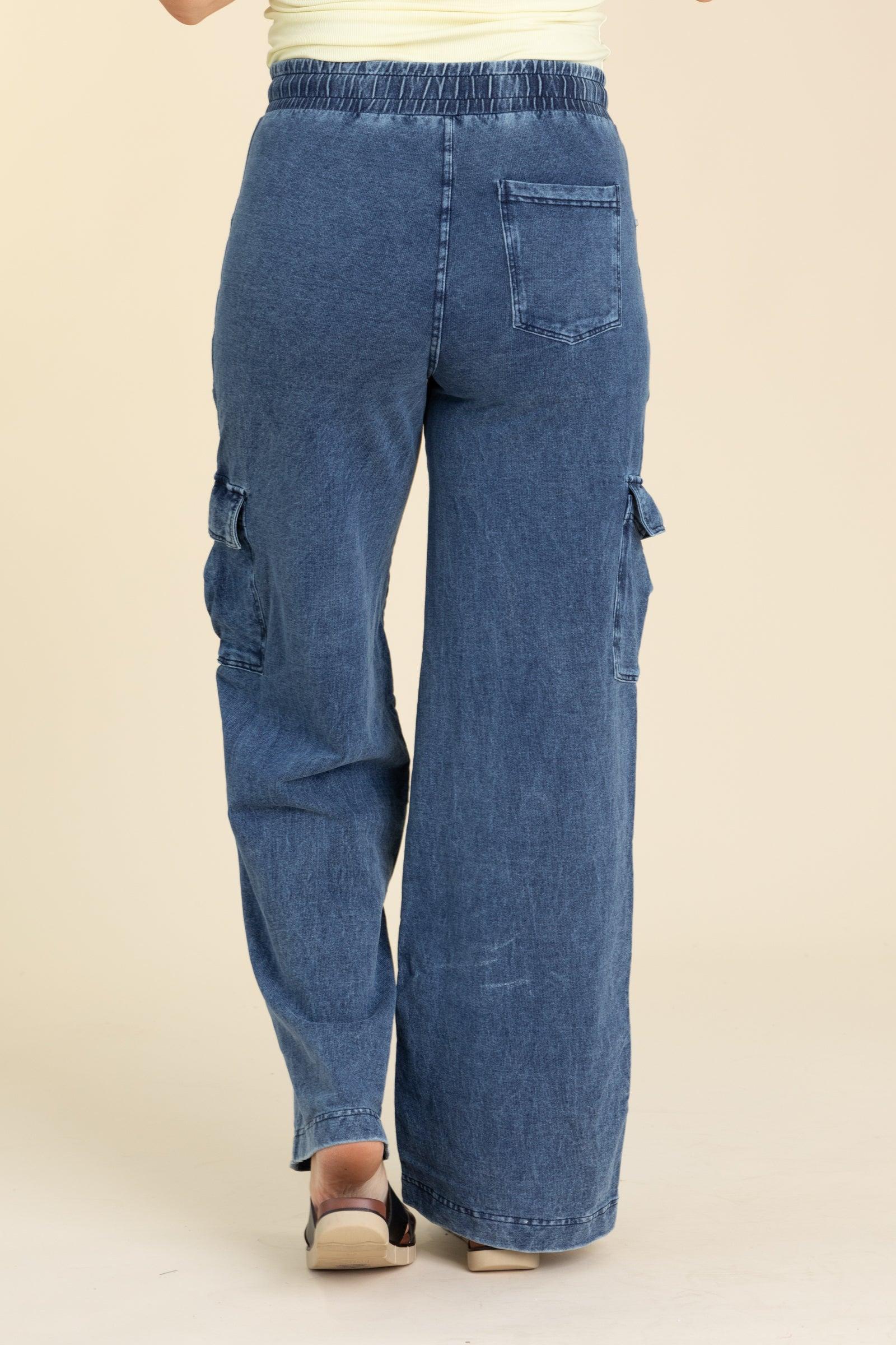 Blue Mineral Wash Wide Leg Cotton Cargo Pants Product Image