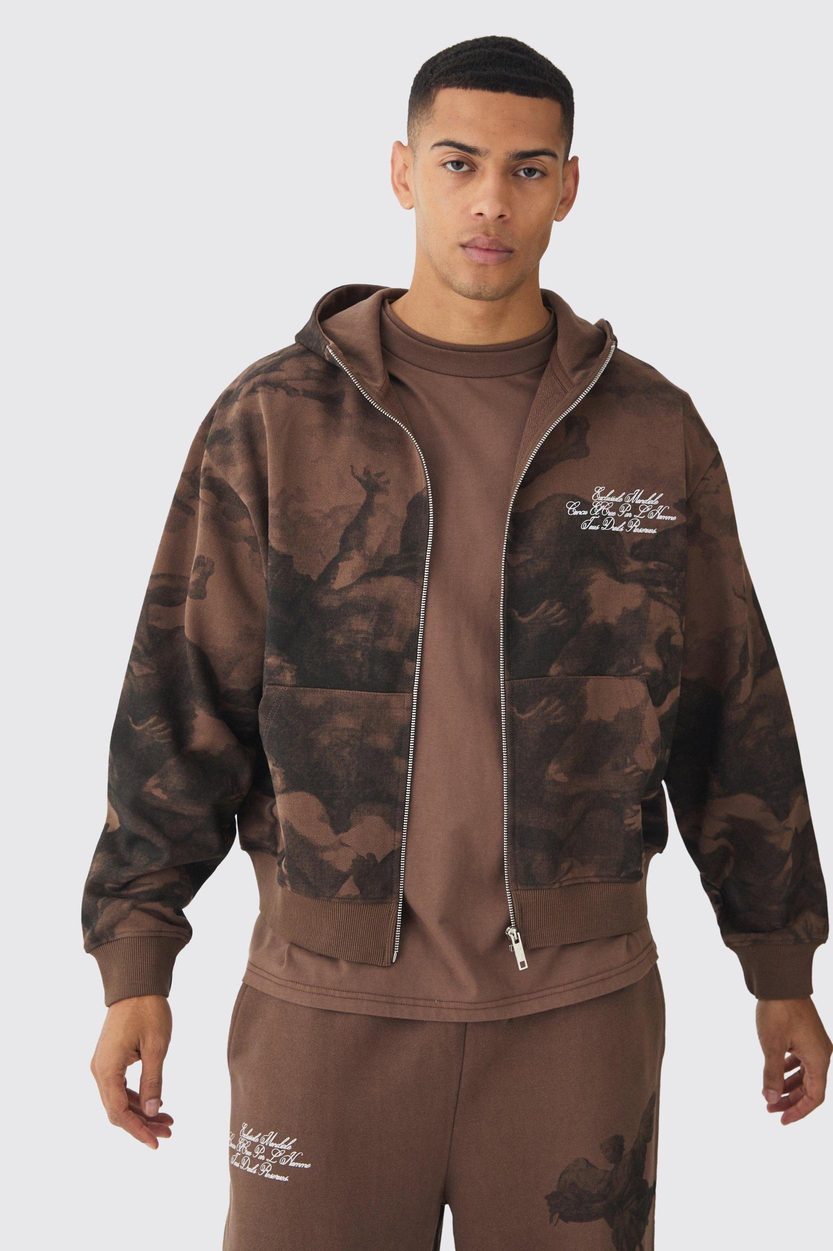 Oversized Boxy Zip Through Renaissance Print Hooded Tracksuit | boohooMAN USA Product Image