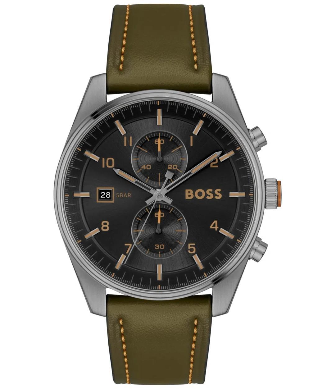 Hugo Boss Mens Skytraveller Quartz Fashion Chrono Green Leather Watch 44mm Product Image