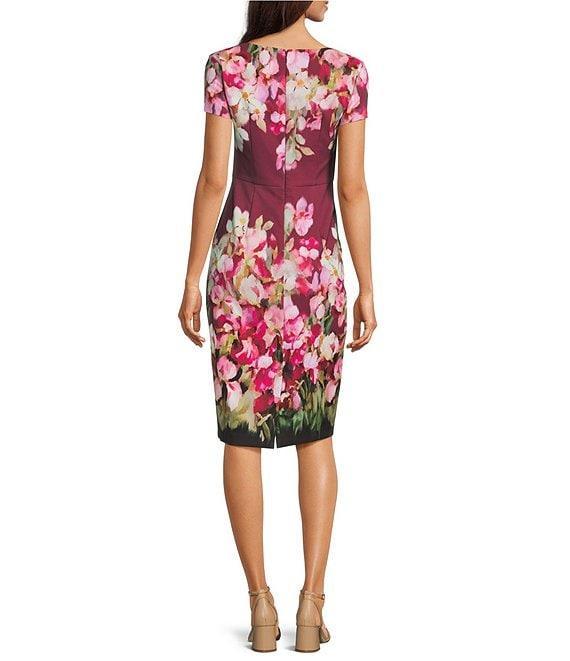 Adrianna Papell Short Sleeve Floral Print Tie Front Sheath Midi Dress Product Image