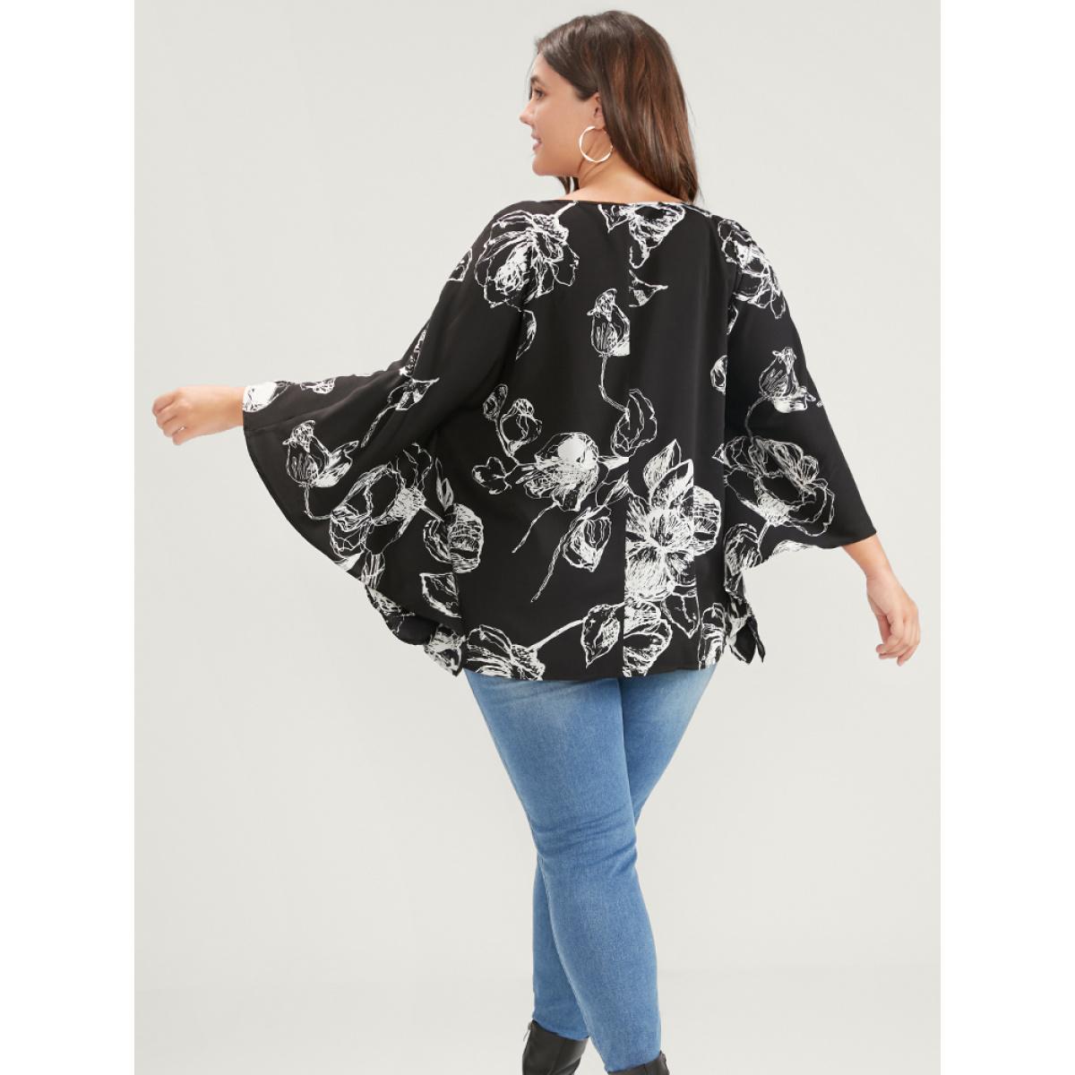Plus Size Black Floral Print V Neck Dolman Sleeve Blouse Women Elegant Long Sleeve V-neck Dailywear Blouses BloomChic 26/4X Product Image