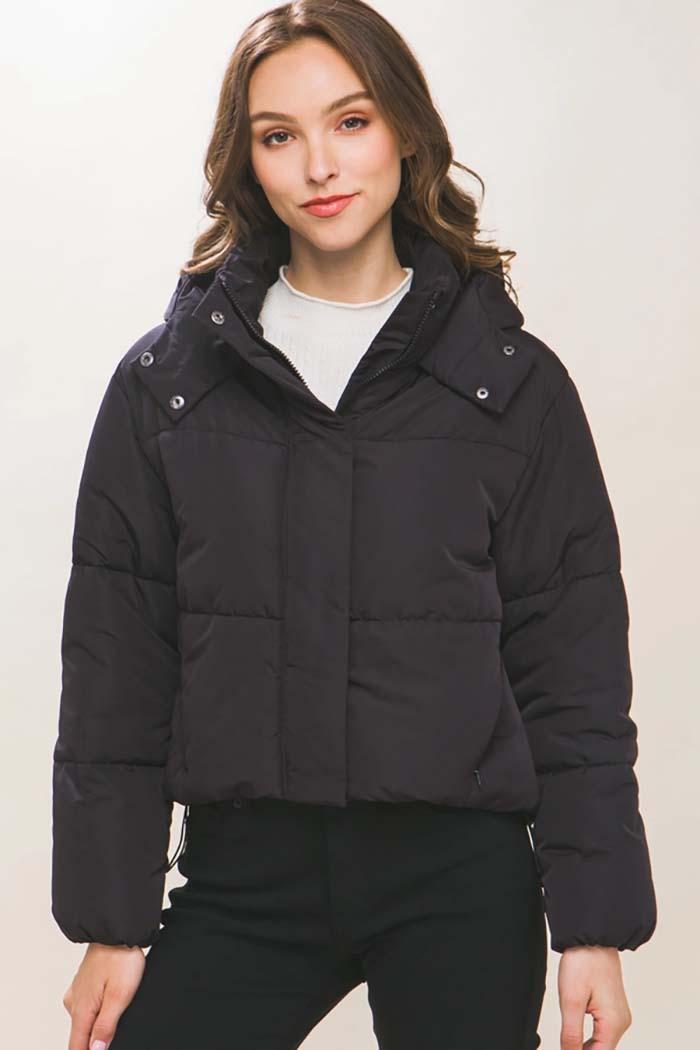 Hooded Puffer Jacket Snap Closure Product Image