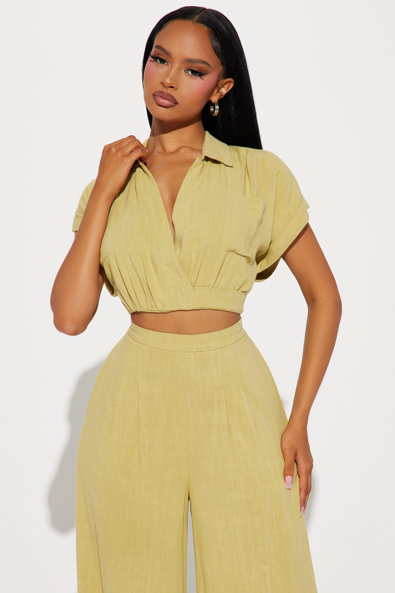 Andrea Linen Pant Set - Chartreuse Product Image