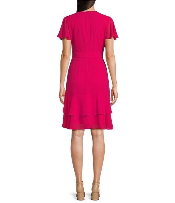 Leslie Fay Chiffon Crepe V Neck Flutter Sleeve Tie Sash A-Line Dress Product Image