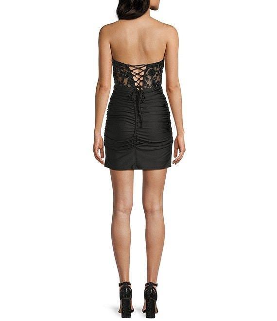 B. Darlin Strapless Illusion Bodice Lace Up Back Shirred Dress Product Image