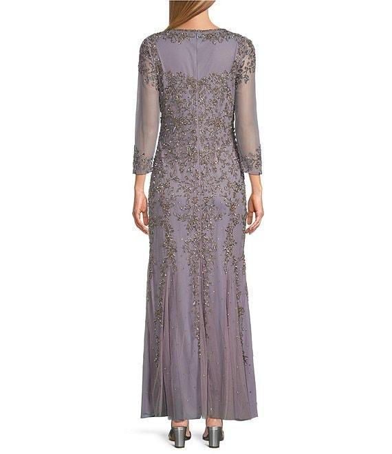 Pisarro Nights Beaded Mesh V Neck 3/4 Sleeve Fit and Flare Gown Product Image