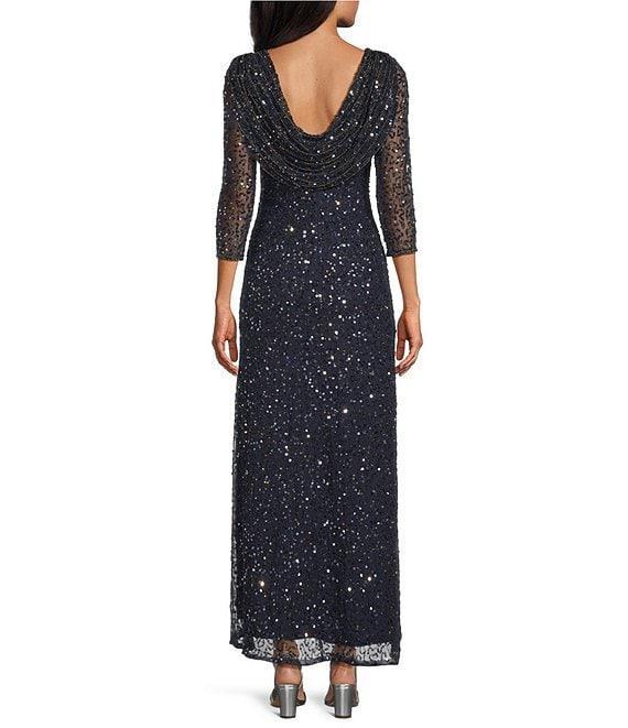 Pisarro Nights Draped Neck 3/4 Sleeve Beaded Mesh Column Gown Product Image