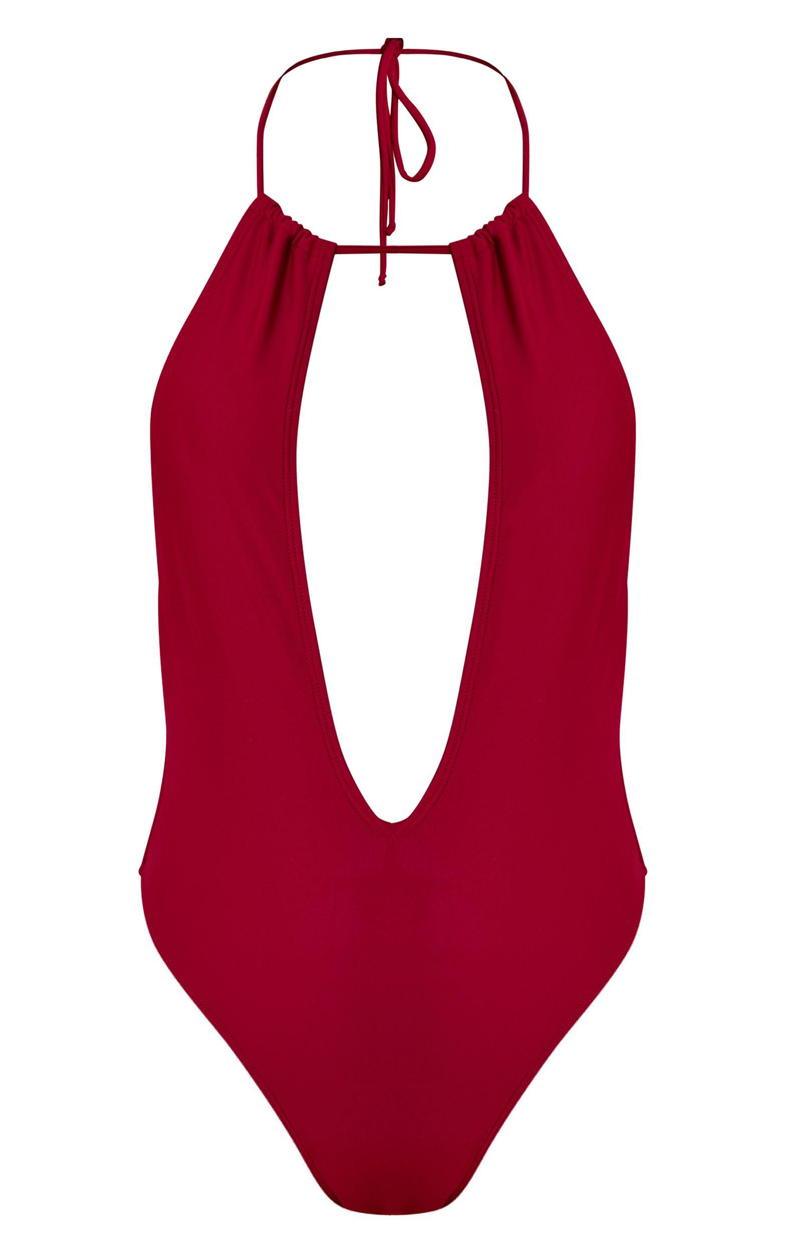 Magenta Ruched Plunge Halter Swimsuit Product Image