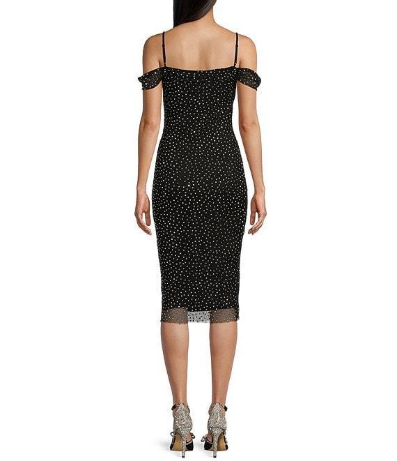 Honey and Rosie Adjustable Strap Sleeveless Fitted Mesh Rhinestone Midi Dress Product Image