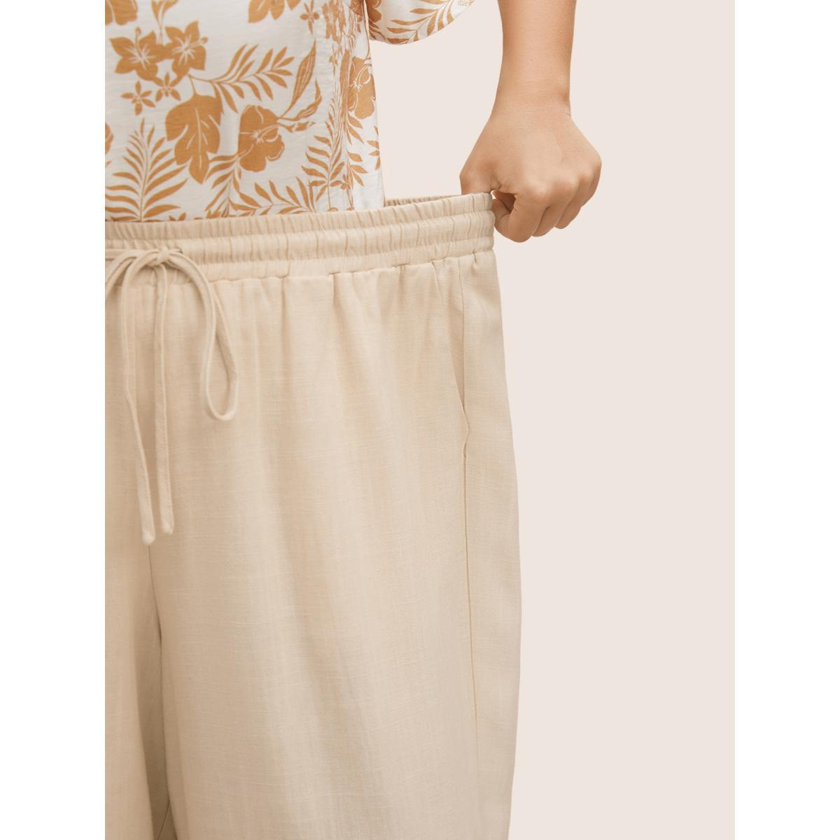 Plus Size Linen Blend Drawstring Mid Rise Wide Leg Pants Women Beige Casual Wide Leg Mid Rise Everyday Pants BloomChic 10/M Product Image