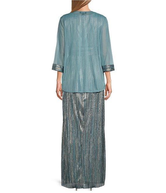 R & M Richards V Neck 3/4 Sleeve Drape Front Matte Jersey Chiffon/Foil Print 2-Piece Jacket Dress Product Image