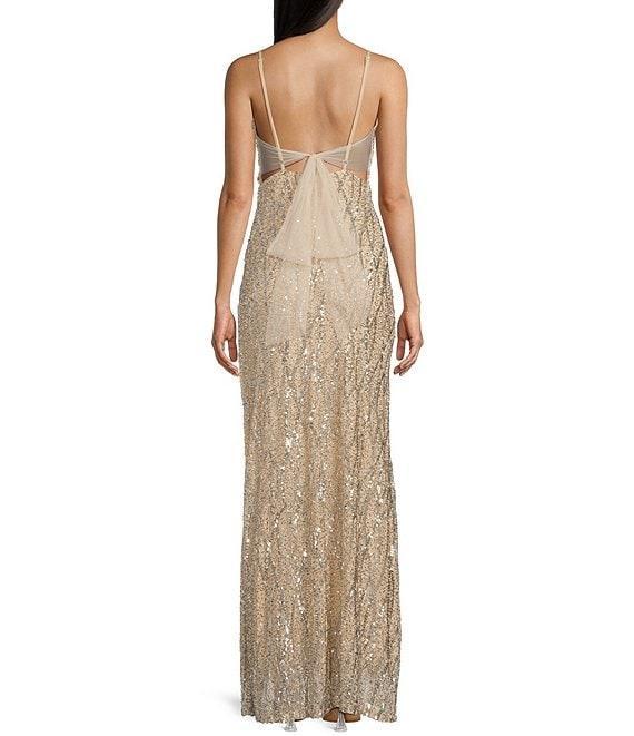 Jump Beaded Sequin Spaghetti Strap V-Neck Tulle Tie Back Gown Product Image