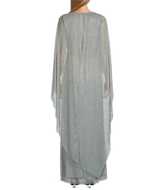 R & M Richards Long Cape Sleeve V-Neck Metallic Knit Dress Product Image