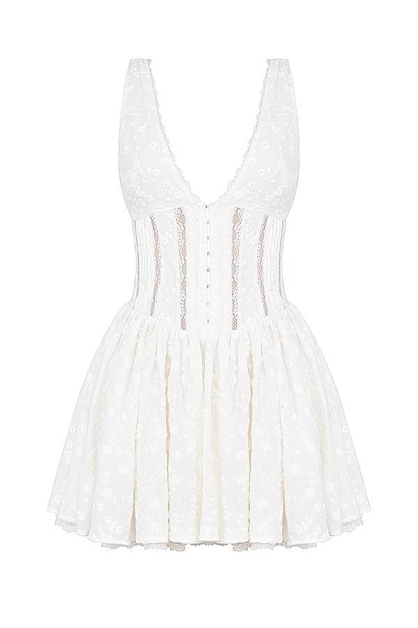 Sarita White Cotton Broderie Anglais Plunge Mini Dress Product Image