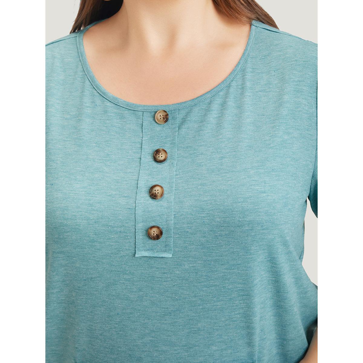 Plus Size Plain Heather Button Detail Patch Pocket T-shirt Cerulean Women Casual Heather Plain Round Neck Dailywear T-shirts BloomChic 22-24/3X Product Image
