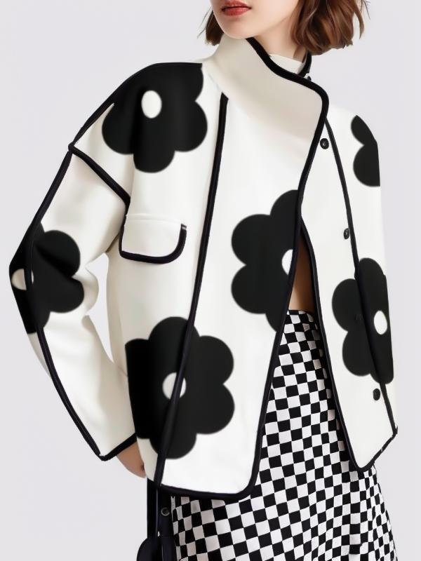 Long Sleeves Loose Contrast Color Flower Print Split-Joint Stand Collar Jackets Outerwear Product Image
