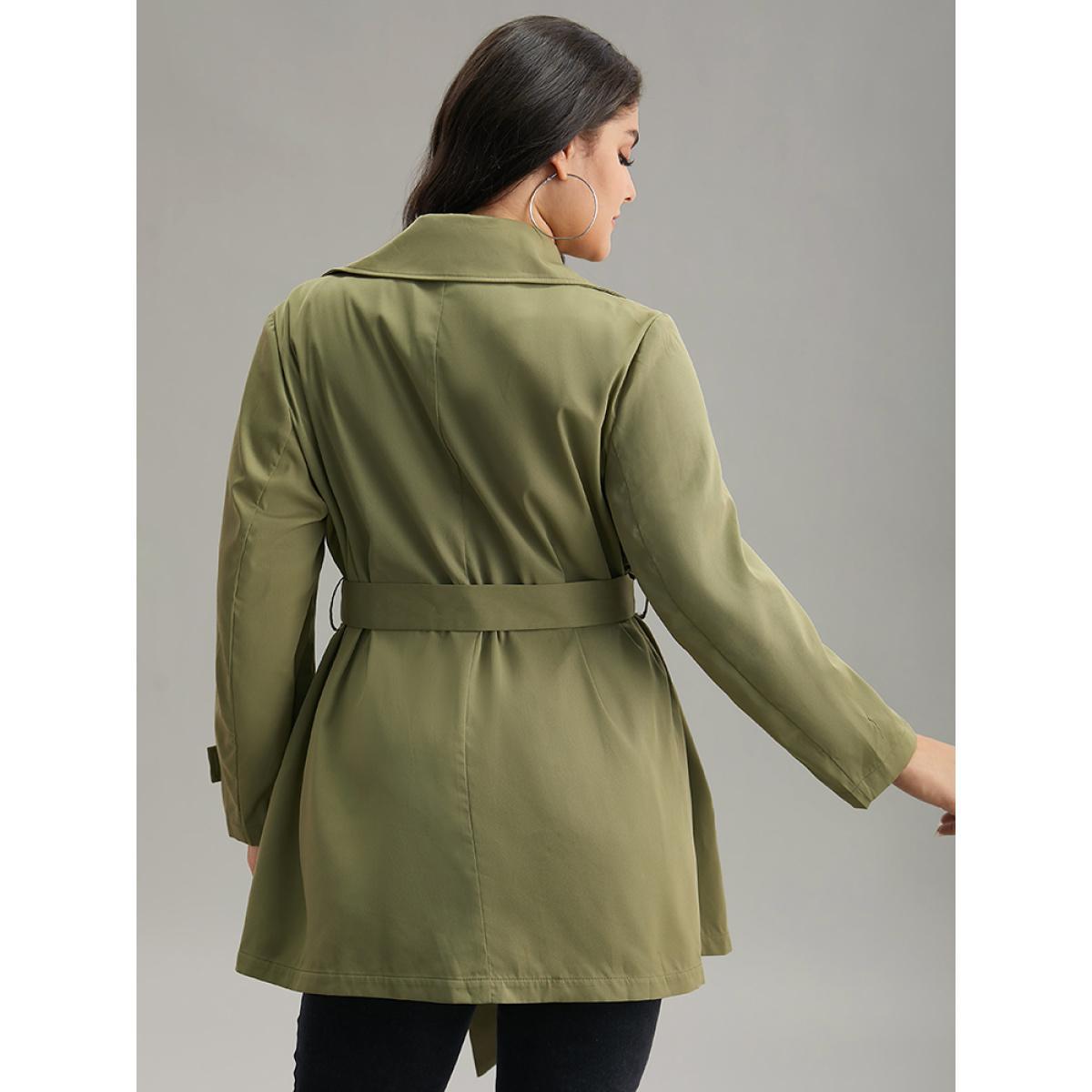 Plus Size Plain Double Breasted Belted Pocket Windbreaker Women ArmyGreen Casual Plain Ladies Dailywear Winter Coats BloomChic 28/5X Product Image