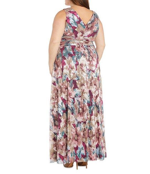 R & M Richards Plus Size Sleeveless V-Neck Ruched Waist Floral Print Gown Product Image