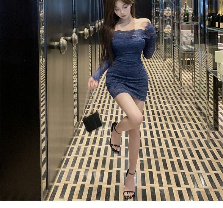 Long Sleeve Off Shoulder Plain Lace Mini Sheath Dress Product Image