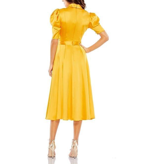 Mac Duggal Satin Surplice V-Neck Short Puffed Sleeve A-Line Midi Dress Product Image