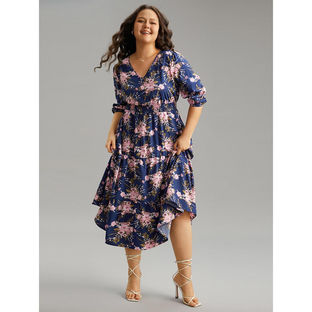 Plus Size Floral Print Shirred Elastic Cuffs Dress DarkBlue Women Elegant Pocket V-neck Elbow-length sleeve Curvy Midi Dress BloomChic 12/L Product Image